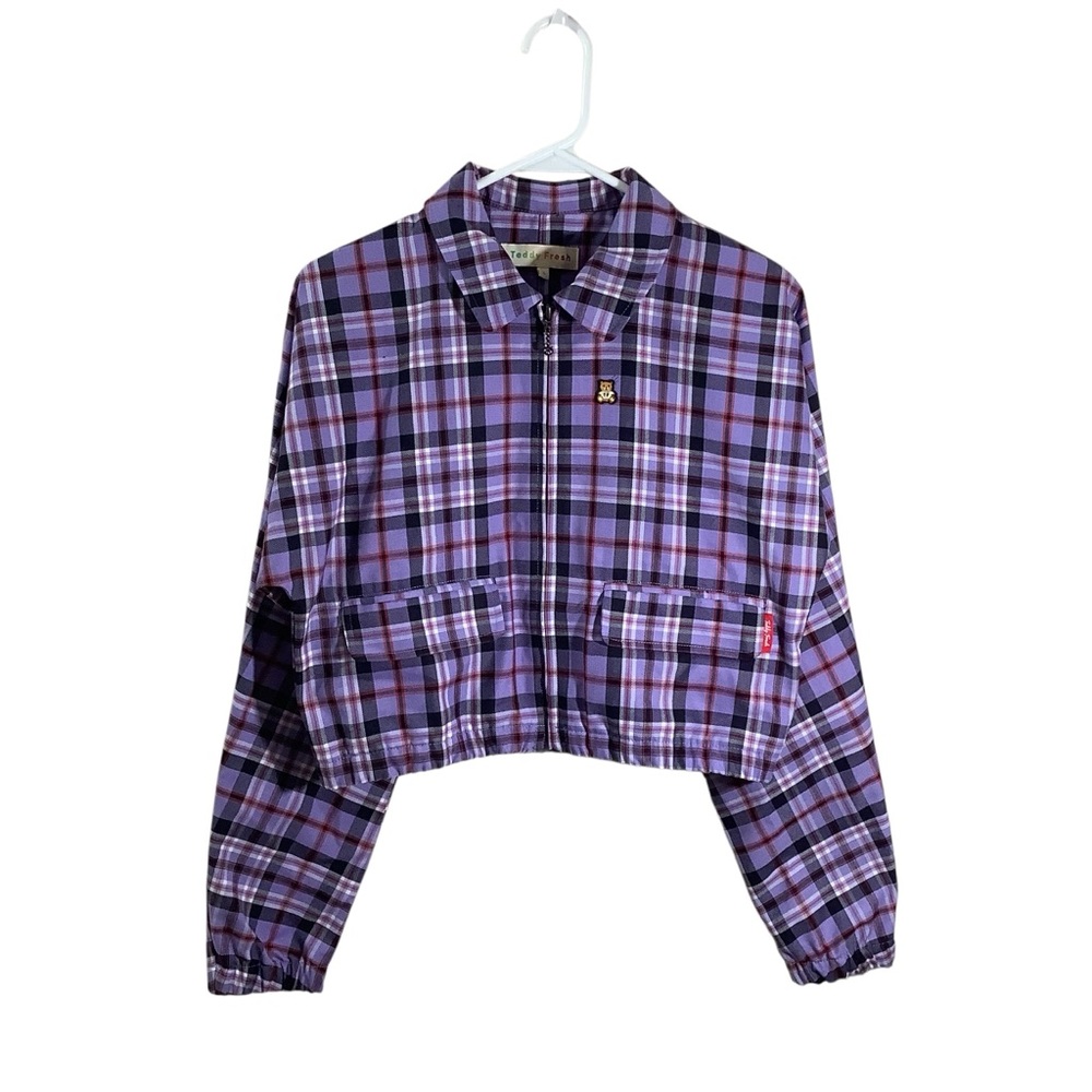 Teddy Fresh Purple Multi-Color Plaid Crop Jacket